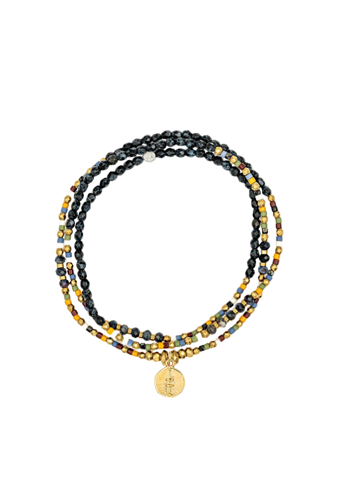 Collier Bracelet 3 Tours Sigils Noir Rock Et Multicolore Pendentif Alignement Doré - Têtes Blondes