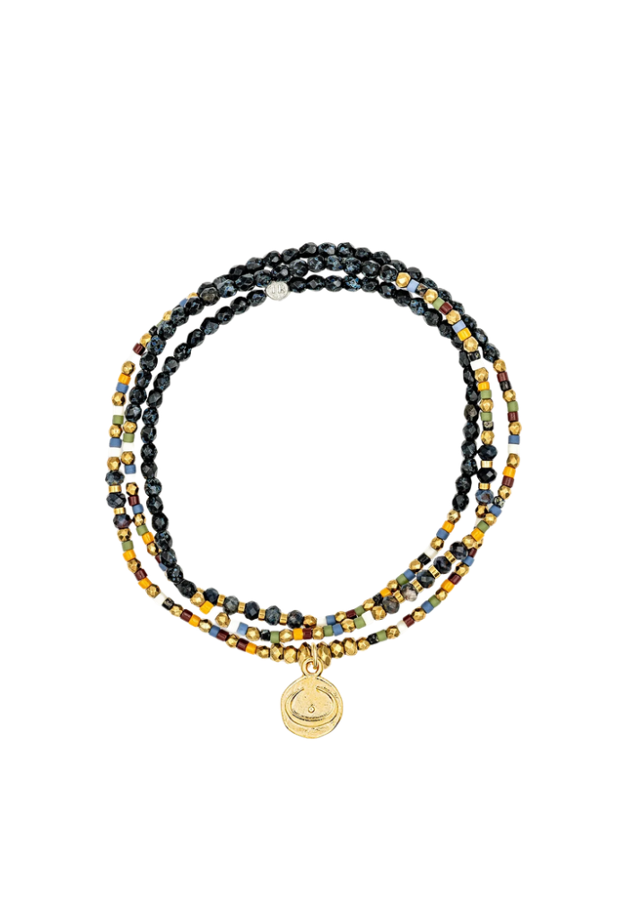 Collier Bracelet 3 Tours Sigils Noir Rock Et Multicolore Pendentif Intuition Doré
