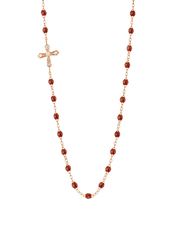 Collier Croix Vintage Or Rose Et Résine Moka 42cm - Gigi Clozeau