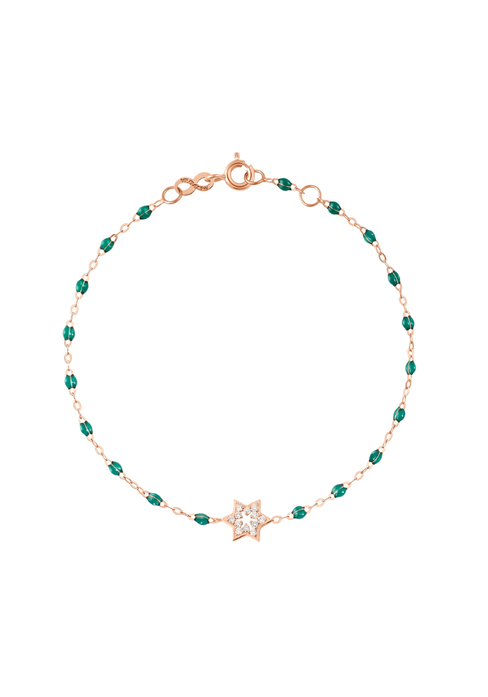 Bracelet Or Rose Etoile De David Diamants Blancs Or Rose Résine Émeraude 17cm - Gigi Clozeau