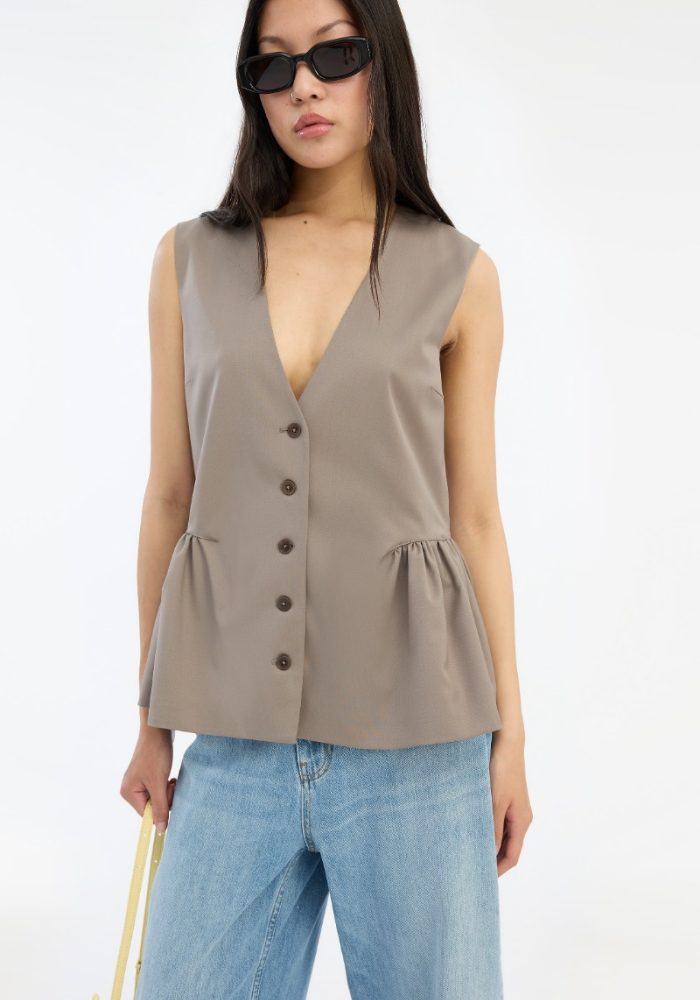 Gilet Sans Manches Péplum Taupe - Rotate