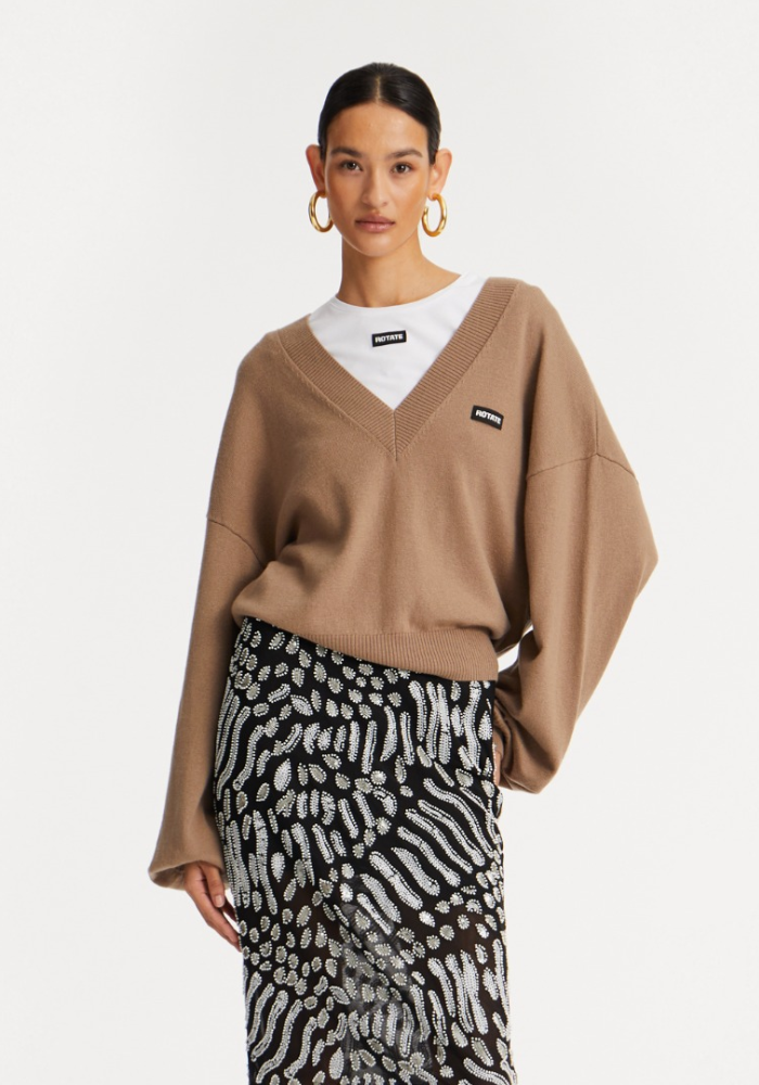 Knit V-neck Sweater Brown - Rotate Birgerchristensen