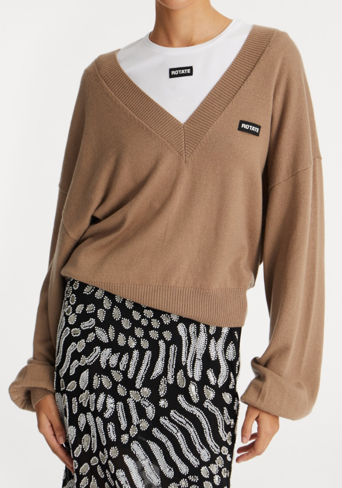 Knit V-neck Sweater Brown - Rotate Birgerchristensen