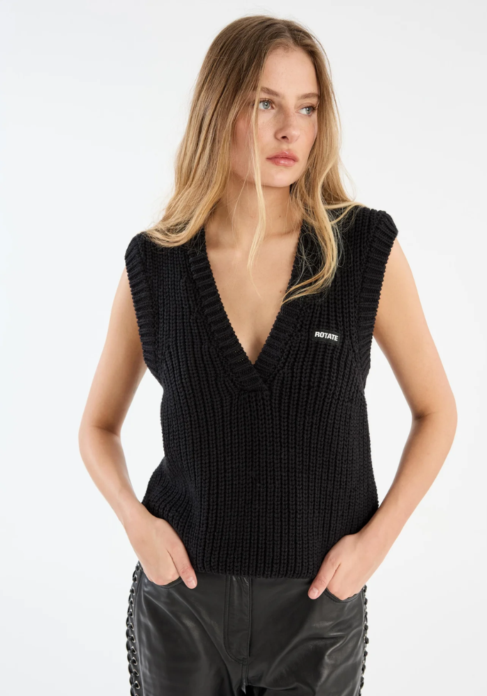 Knit V-neck Vest Black - Rotate