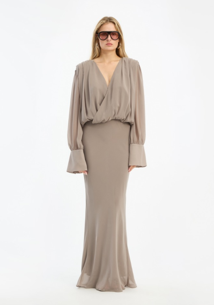 Robe Chiffon LS Maxi Taupe - Rotate