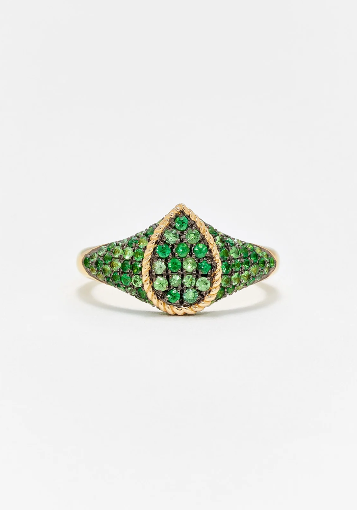 Bague Baby Chevaliere Poire Or Jaune Tsavorites Vertes - Yvonne Léon
