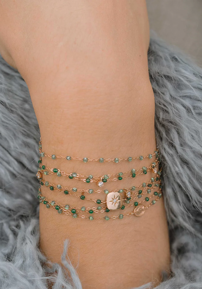 Bracelet Miss Gigi Or Rose Diamant Et Résines Emeraude 17cm