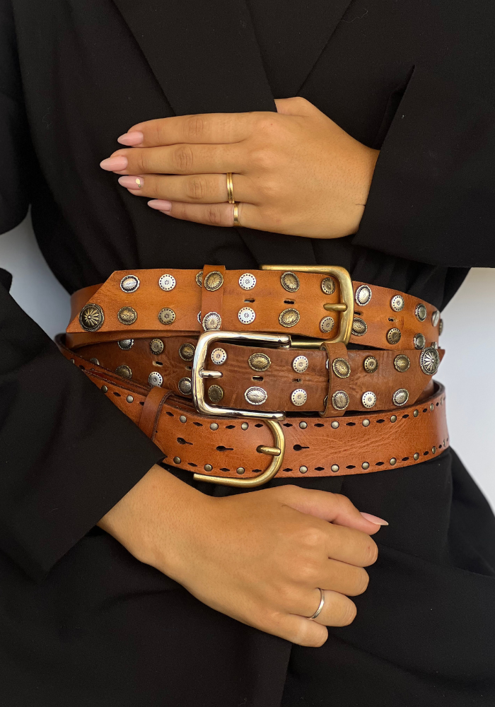 Leather Belt With Stud Cognac - Main Image