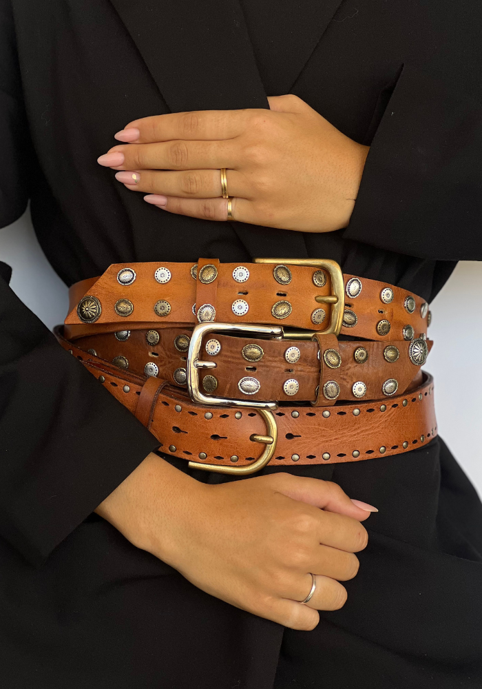 Ceinture Cuir Avec Clou Cognac