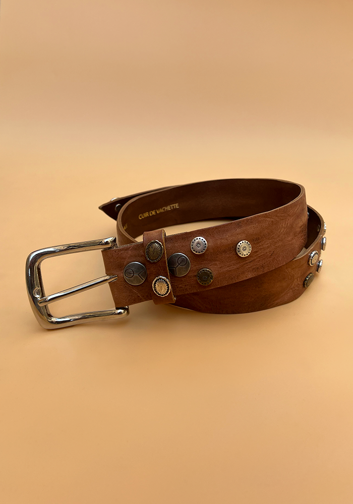 Ceinture Elena Cuir Retro Foulonne Havane Avec Clous - Yolete