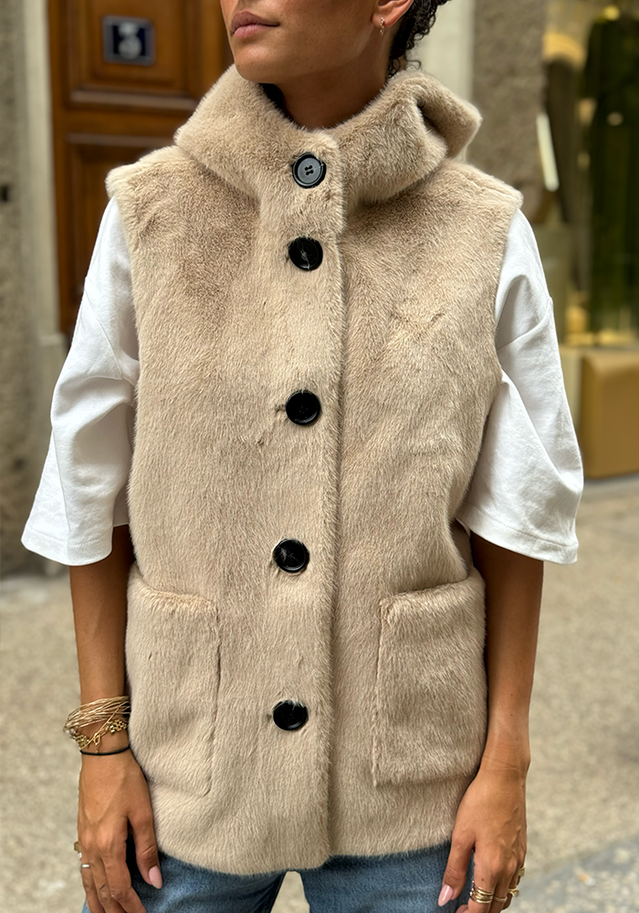 Gilet Sans Manche En Fausse Fourrure Beige - Lou Andrea