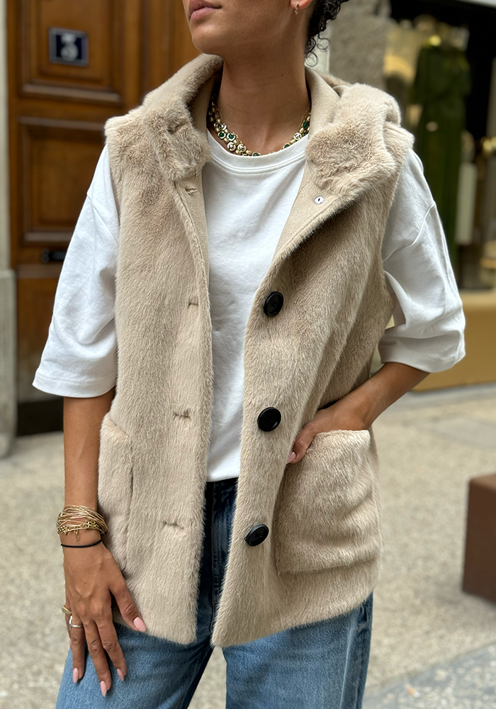 Gilet Sans Manche En Fausse Fourrure Beige - Lou Andrea