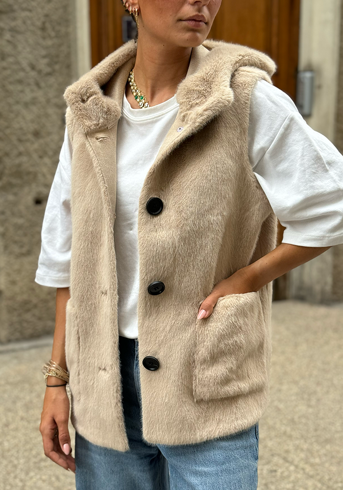 Gilet Sans Manche En Fausse Fourrure Beige - Lou Andrea