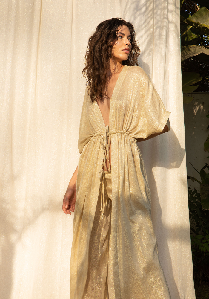 Robe Kimono Longue Dorée - Blush Sélection Vêtements
