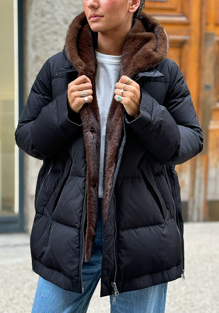 Parka Noire Avec Fourrure Marron Amovible - Lou Andrea