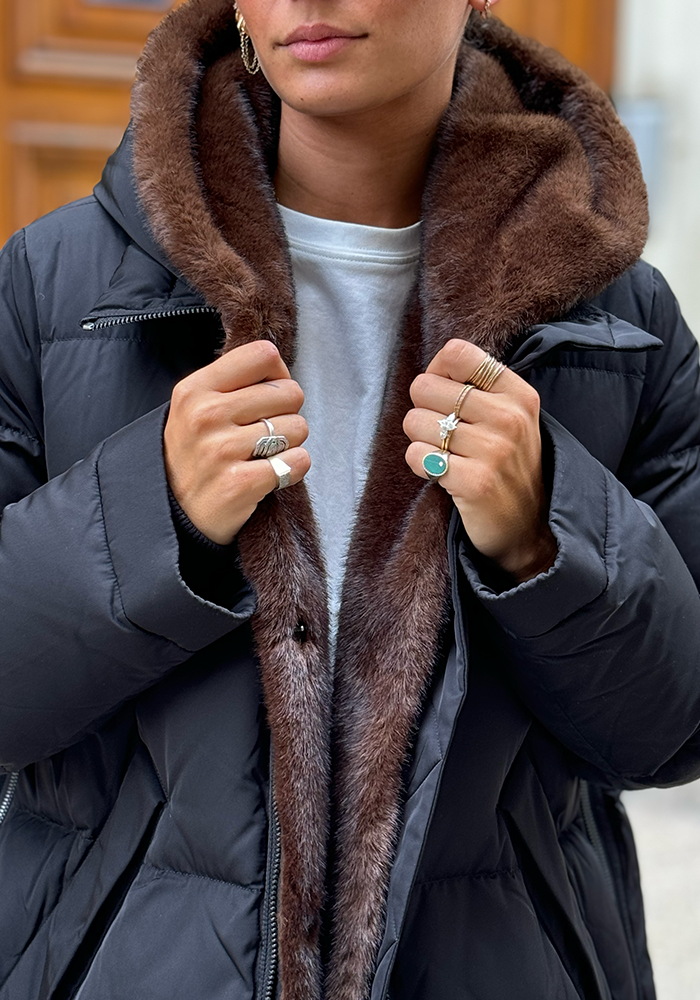 Parka Noire Avec Fourrure Marron Amovible - Lou Andrea