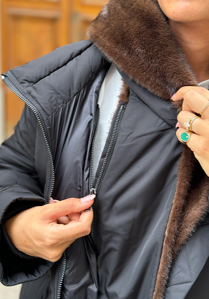 Parka Noire Avec Fourrure Marron Amovible - Lou Andrea