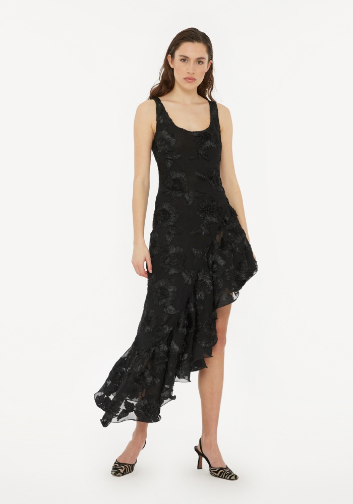 Robe Flower Mesh Ruffle Noire - Rotate