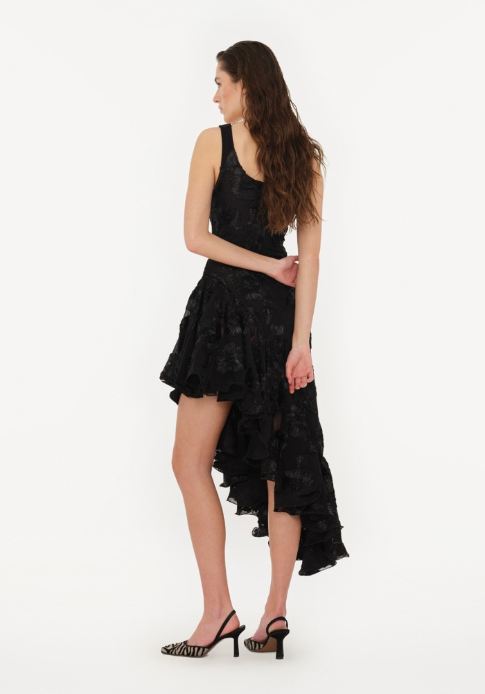 Robe Flower Mesh Ruffle Noire - Rotate