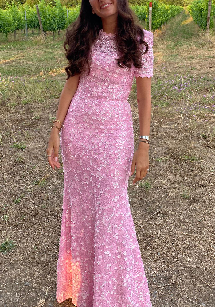 Robe Rose En Dentelle Avec Fleurs Brodées - Meraki Official