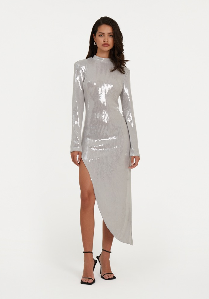 Robe Sequin Slit Sequins Gris Clair - Rotate