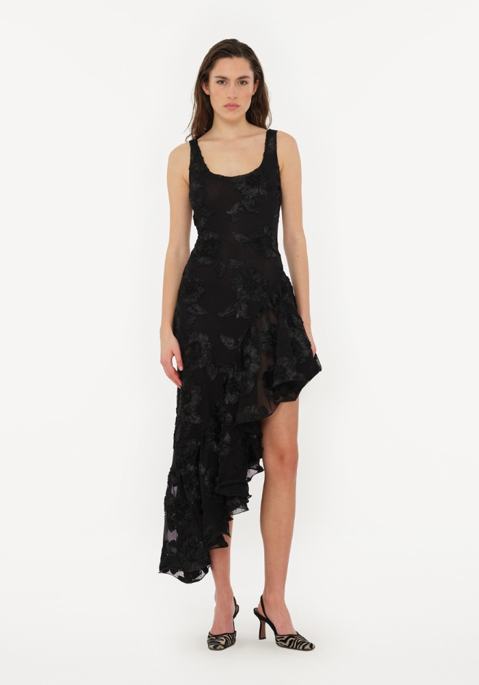 Robe Flower Mesh Ruffle Noire - Rotate