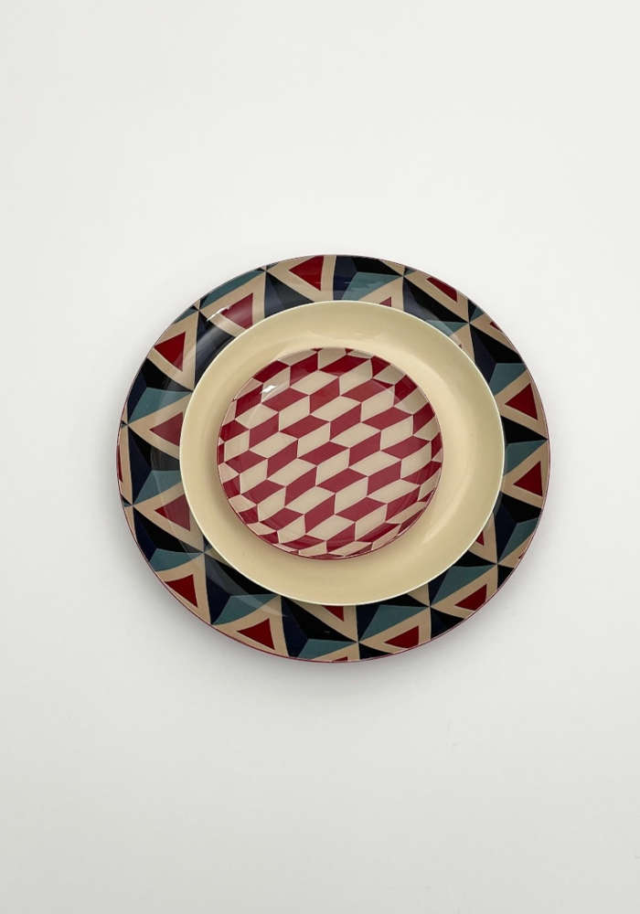 Set De 3 Plateaux Vintage Ronds Bordeaux Beige Bleu - Bazar De Luxe