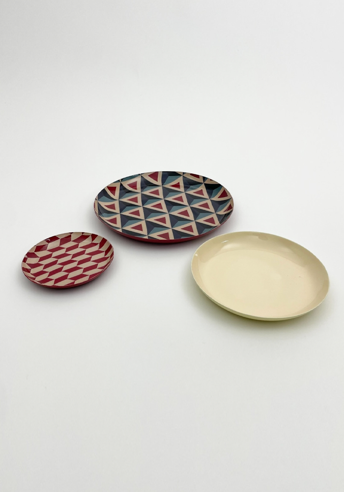 Set De 3 Plateaux Vintage Ronds Bordeaux Beige Bleu - Bazar De Luxe