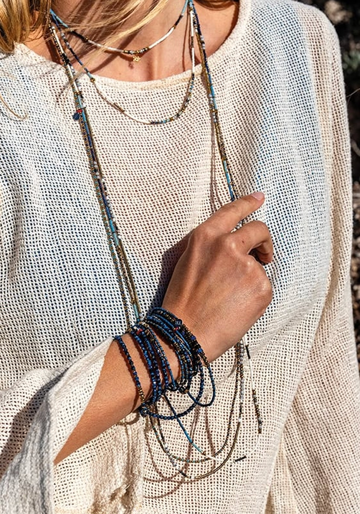 Bracelet 3 Tours Ou Collier Wave Slim Bleu - Têtes Blondes