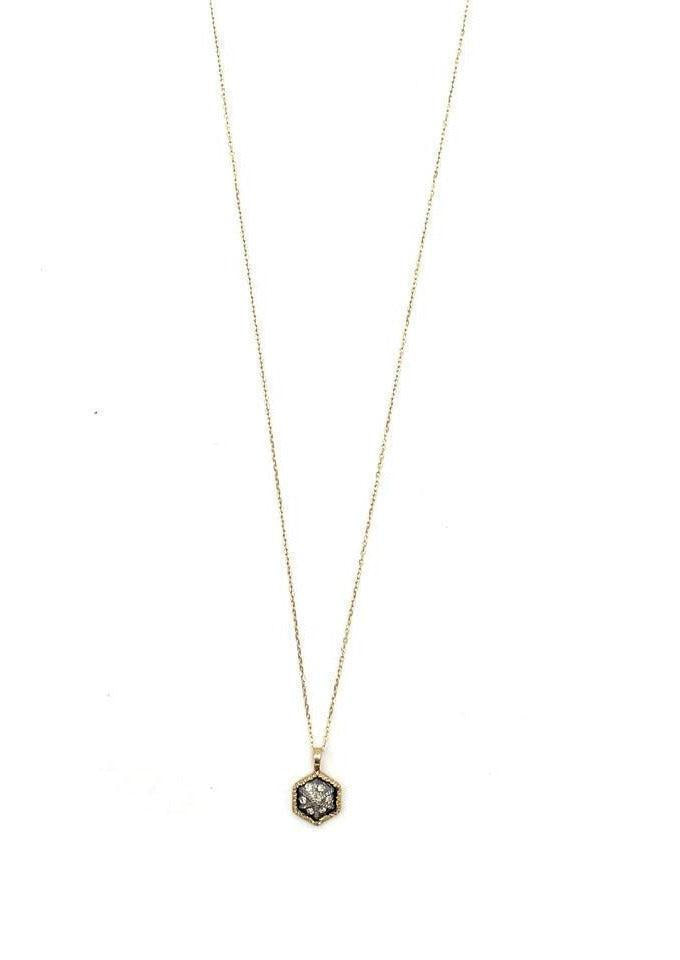  Collier Hexagone Or 10K Avec Pendentif Argent Noir & Diamants