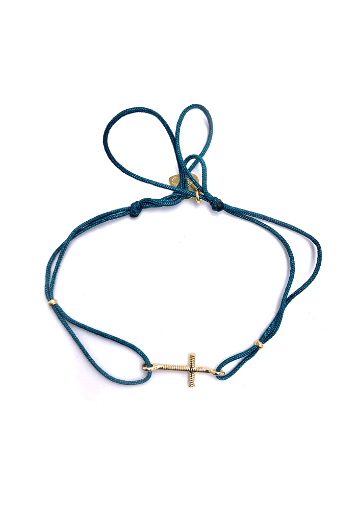 Bracelet Croix Plaqué Or Sur Cordon Bleu Canard