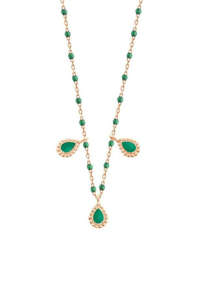 Collier Lucky Cashmere Or Rose Et Résines Vert Émeraude 42cm