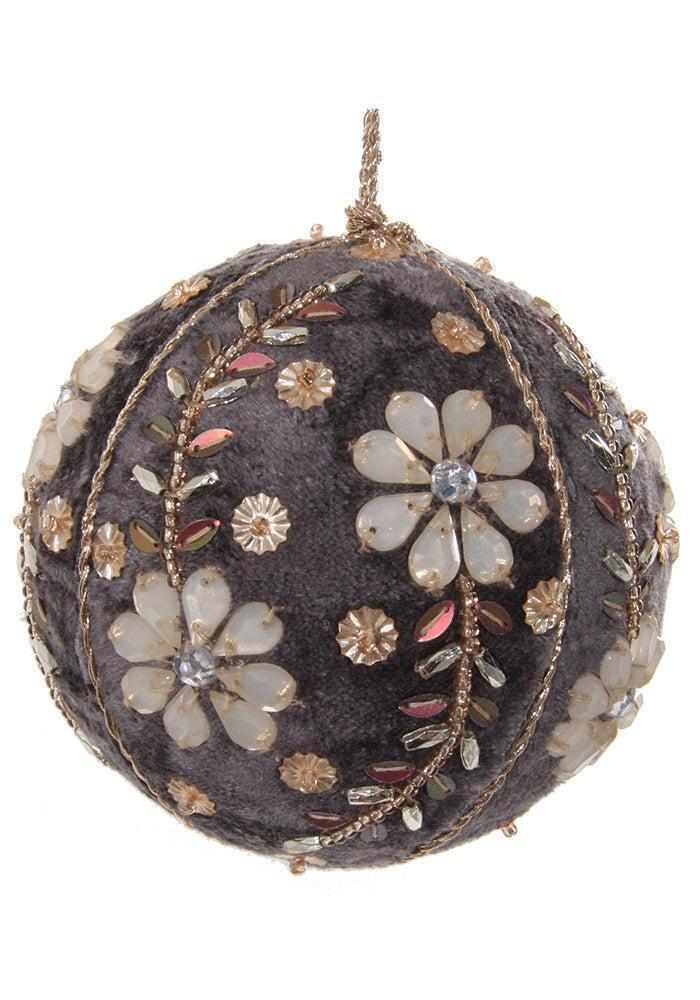 Boule De Noël En Velours Gris Avec Fleurs En Perles 