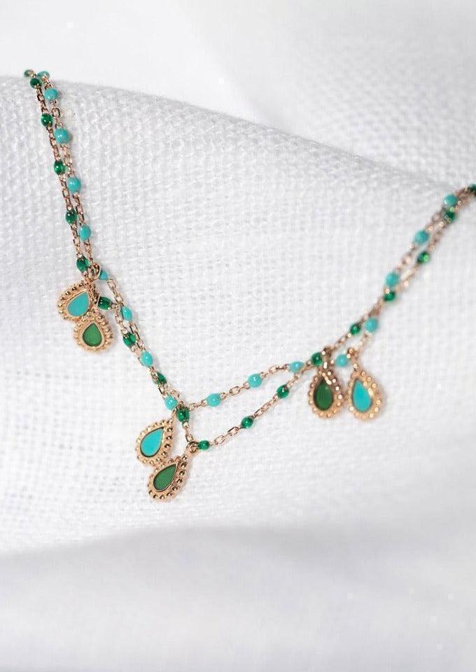  Collier Lucky Cashmere Or Rose Et Résines Vert Émeraude